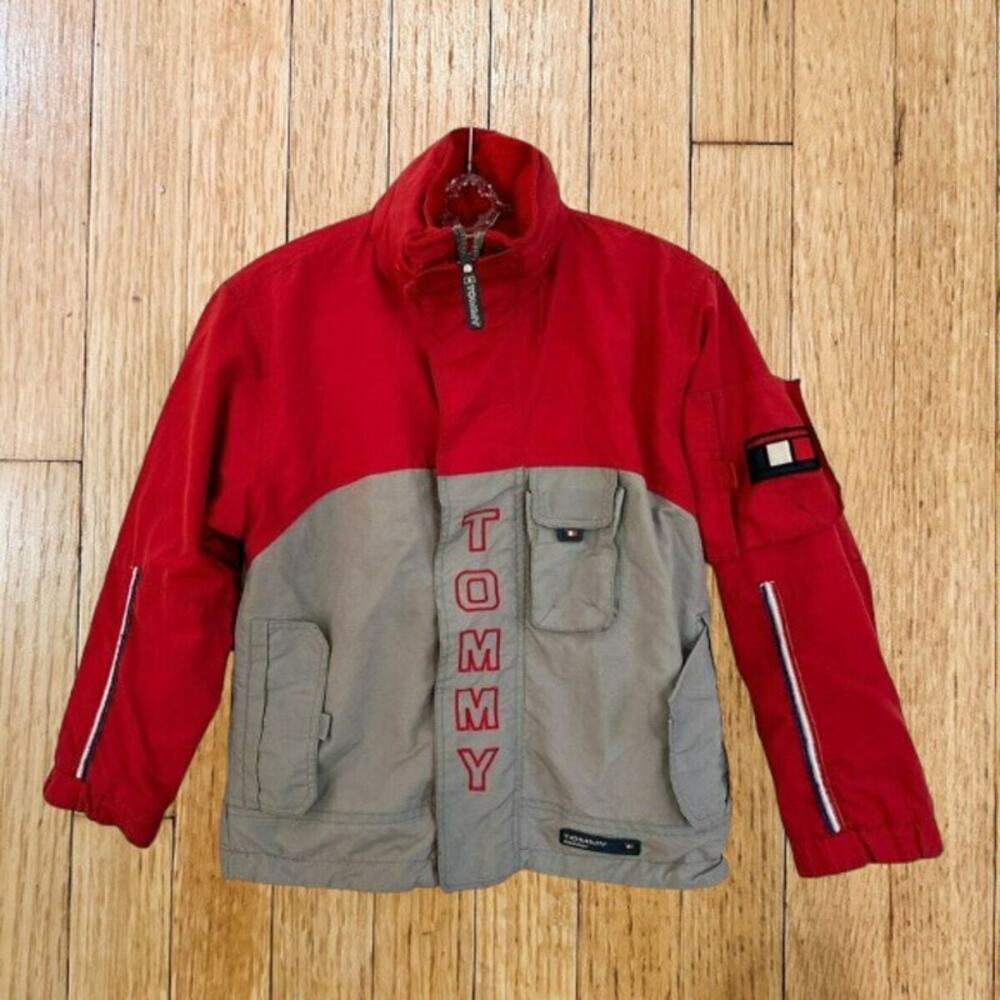 Vtg 90s Tommy Hilfiger Reversible Jacket Kids Boys Size 5 Colorblock Red Gray